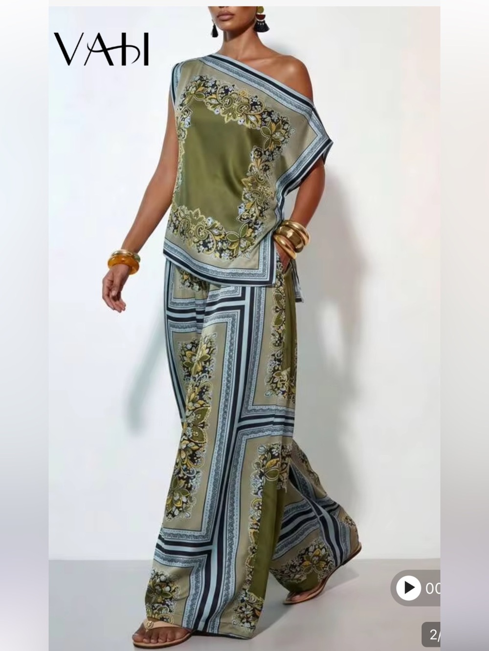 SHEIN Olive and Light Blue Bohemian Wide-Leg Pants